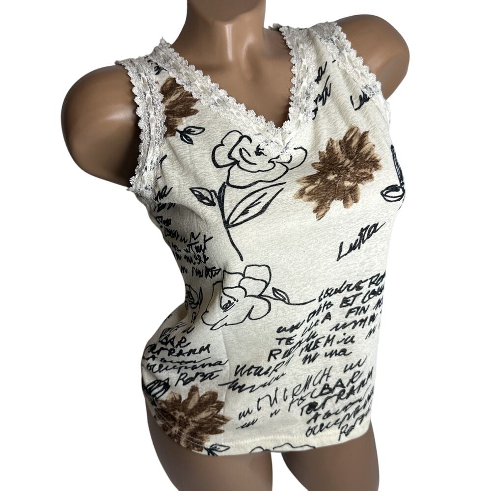 VTG Morgan De Toi Y2K Script Cami Top Lace Trim Mesh Grunge Floral Camisole EUC